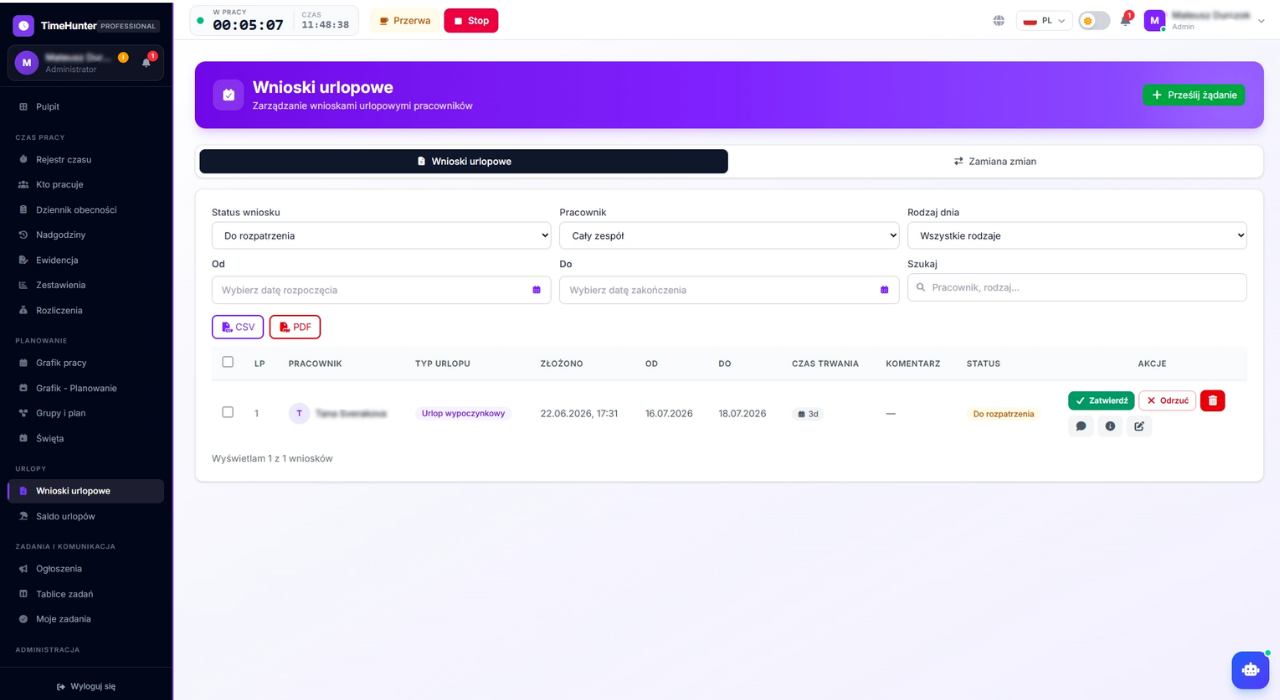 TimeHunter — Wnioski urlopowe
