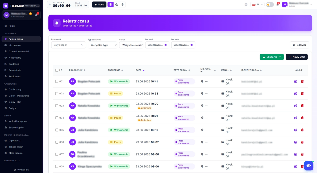TimeHunter — Rejestr czasu